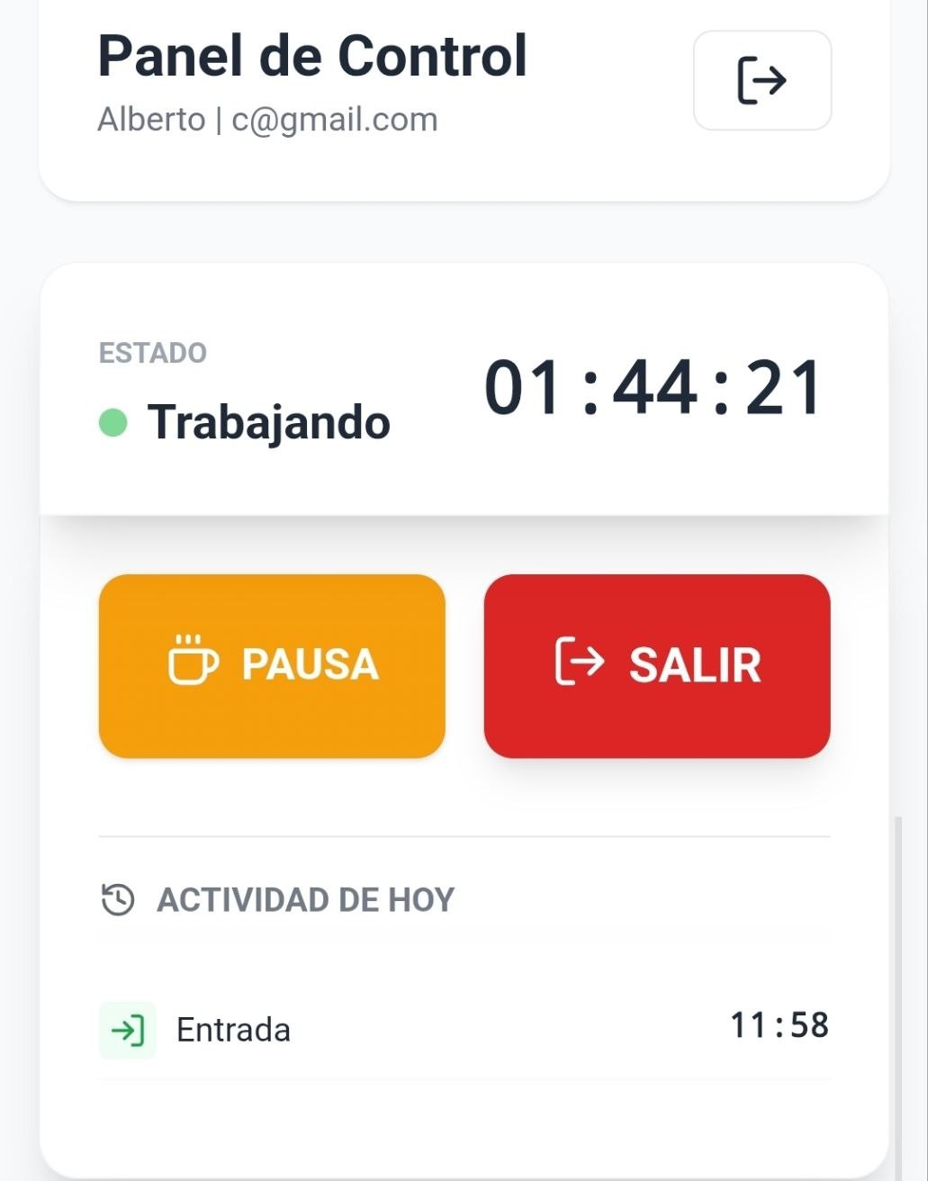 Interfaz de fichaje de la App