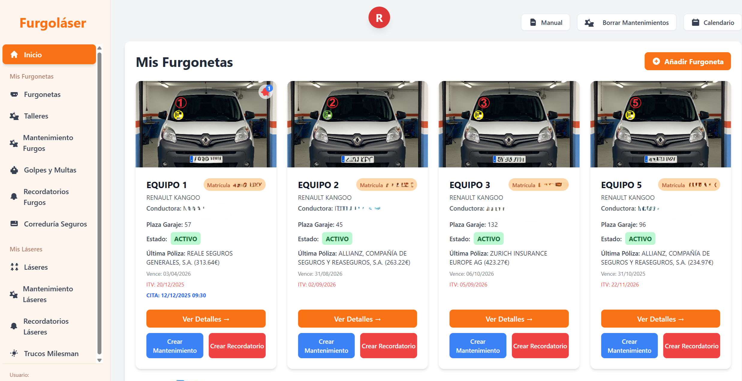 Captura de pantalla de Furgolaser mostrando la gestión de furgonetas