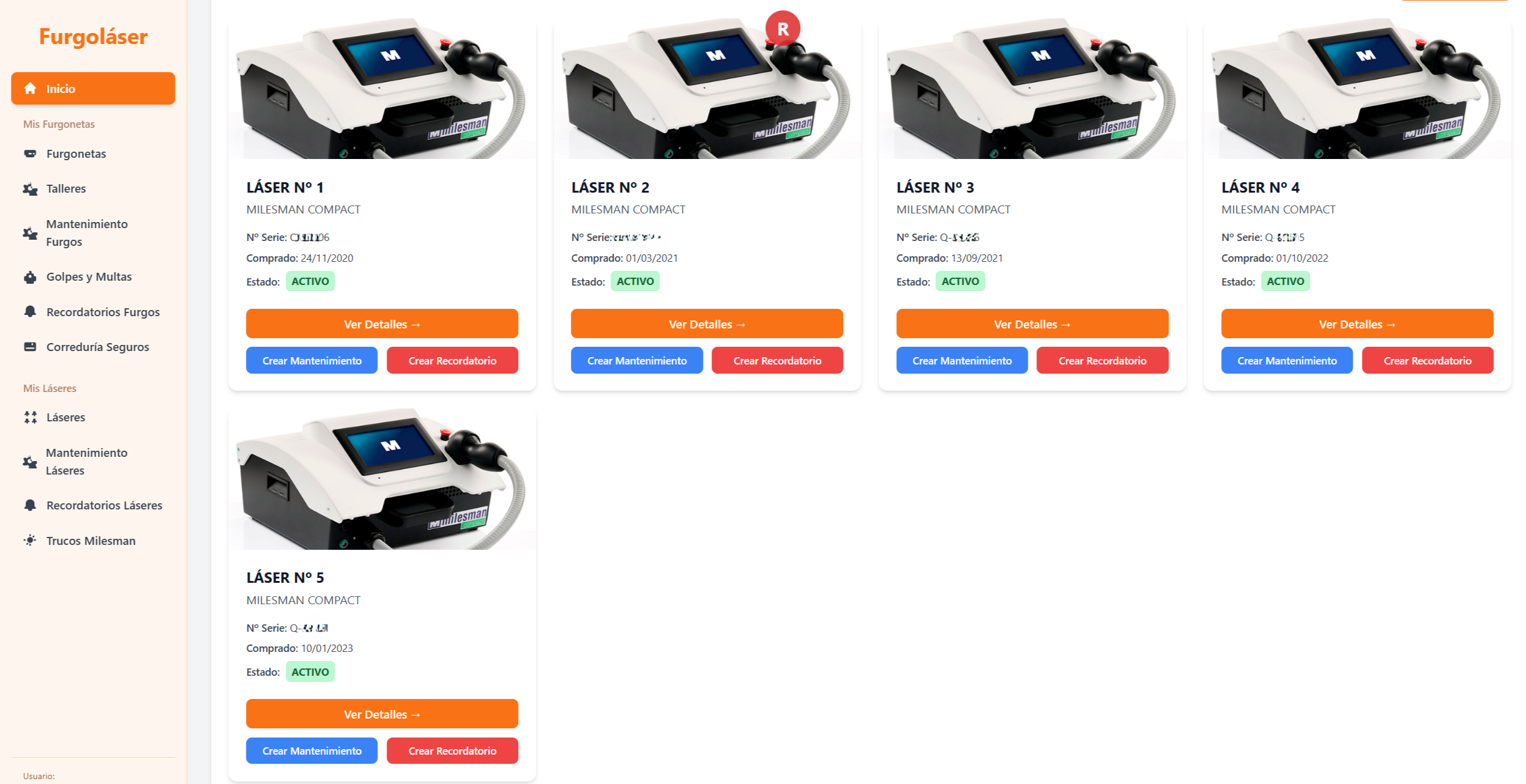 Captura de pantalla de Furgolaser mostrando la gestión de equipos láser