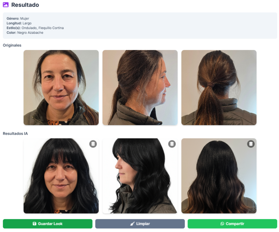 Ejemplo de Estilista Virtual IA - Resultado Negro Azabache con Flequillo